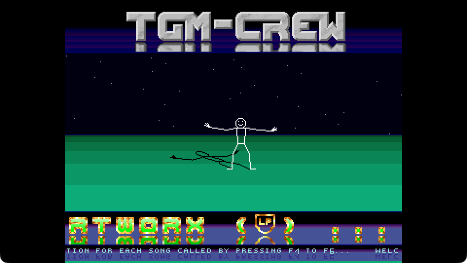 The dancing line figure and its shadow below the TGM-Crew logo, with a scrolling message at the bottom