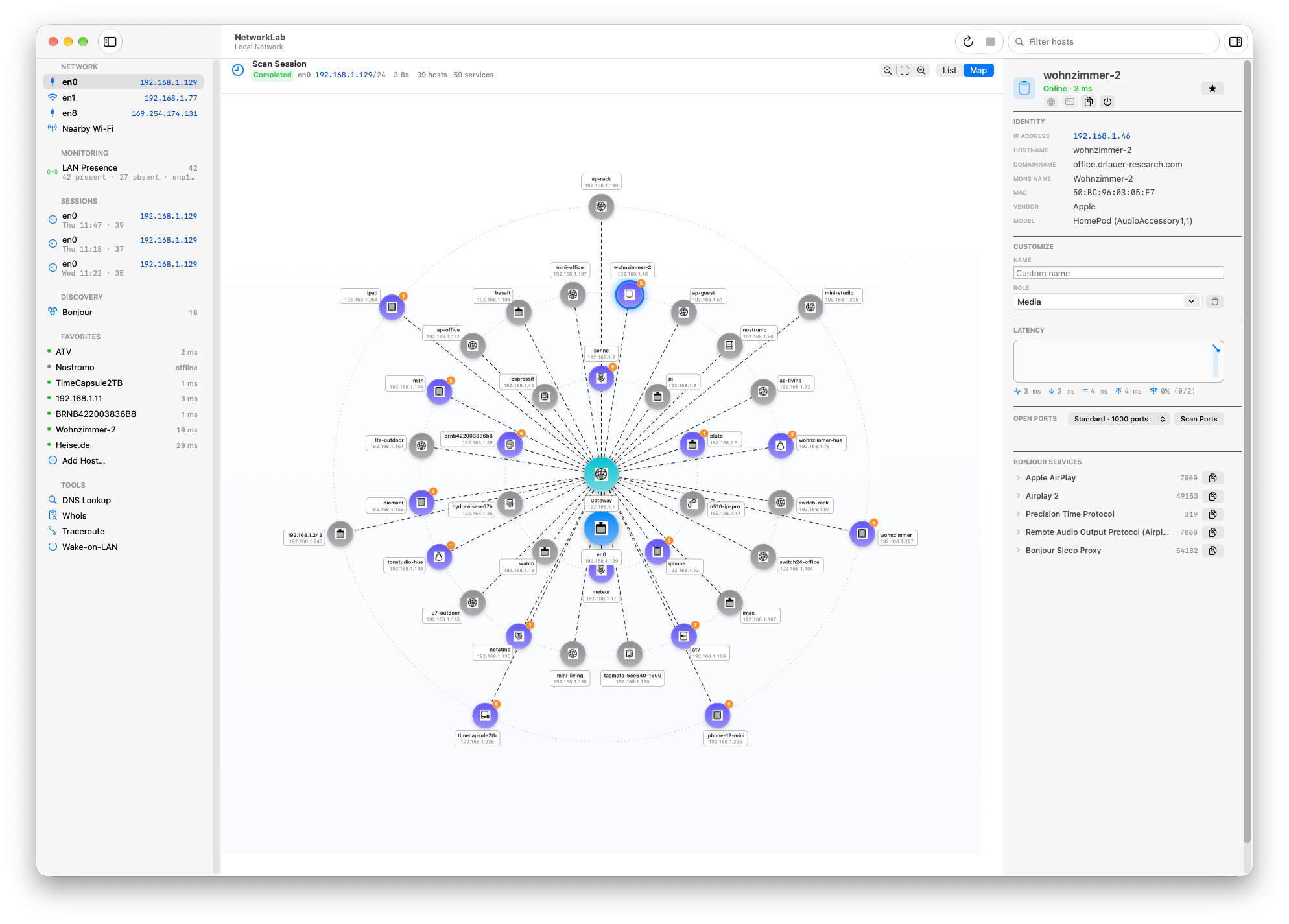 NetworkLab for Mac showing a scanned subnet as a radial map around the gateway, with the inspector open on a HomePod