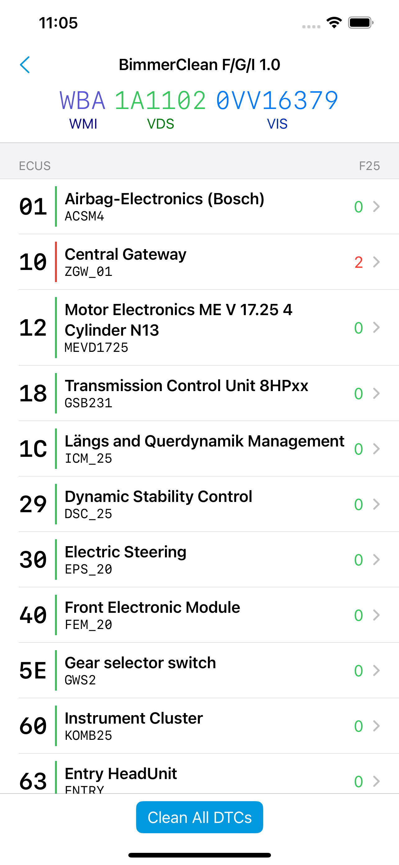 iOS App CarLab F/G/I overview screen after connecting to your vehicle
