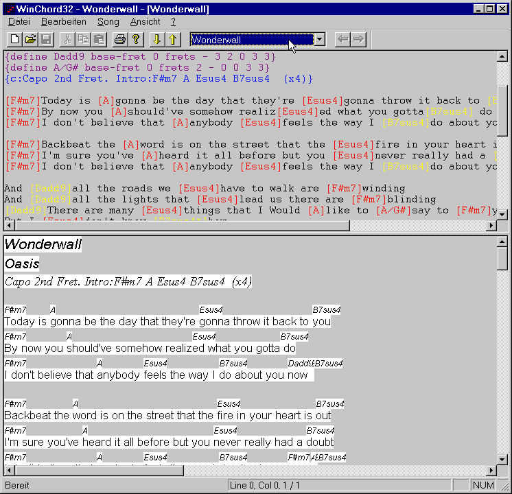 WinChord32 with a colour-coded ChordPro editor above a formatted song preview.