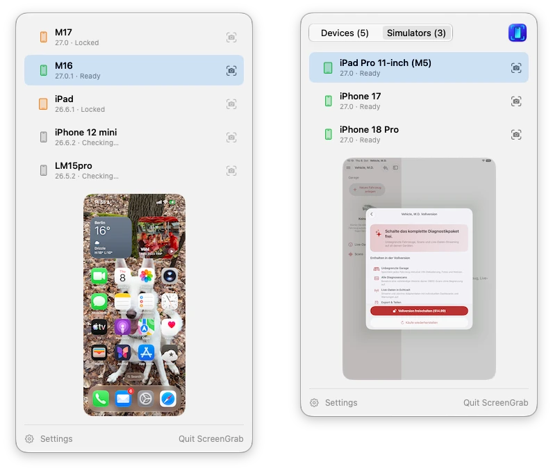 Two PNGuin menu panels side by side: on the left the device list with a live preview of an iPhone home screen, on the right the Simulators tab with an iPad simulator selected