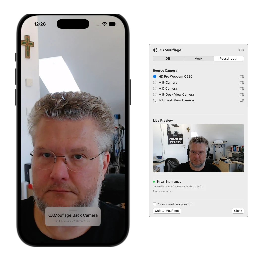 A real Mac webcam feed appearing inside an iPhone Simulator next to the CAMouflage passthrough panel