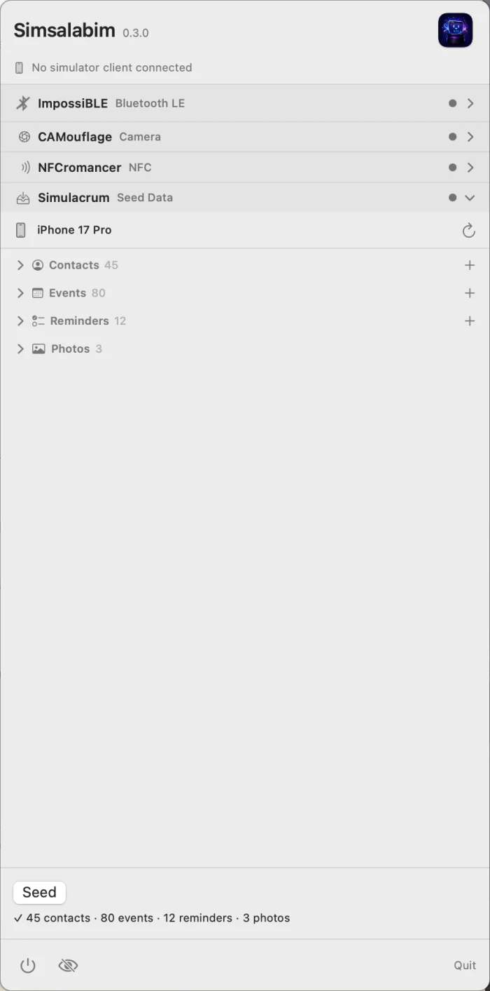 Simsalabim menu-bar panel with all four module headers visible and Simulacrum expanded
