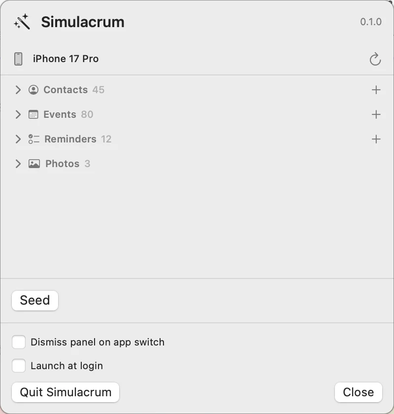 Simulacrum panel ready to seed 45 contacts, 80 events, 12 reminders, and three photos into an iPhone Simulator