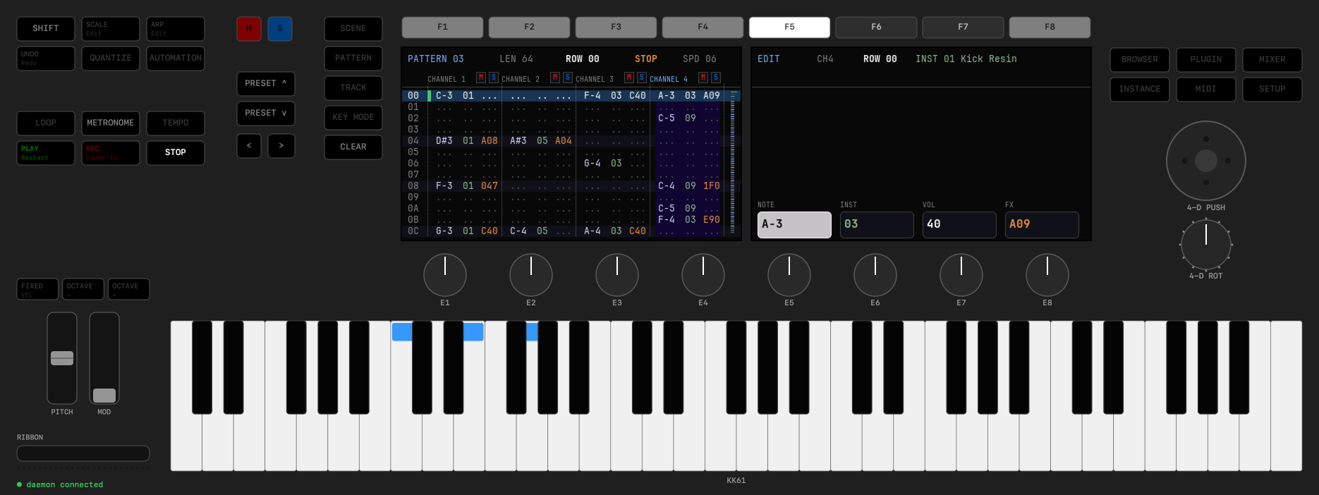 CompleteControl simulator showing a full virtual keyboard, buttons, encoders and Paulinche's dual-display tracker interface