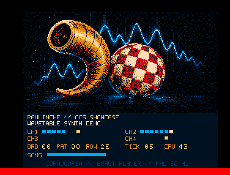 Paulinche OCS showcase running in FS-UAE, with a pixel-art cornucopia and Boing Ball above four-channel playback telemetry