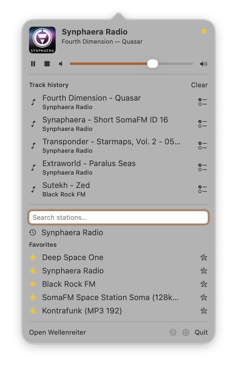 The Wellenreiter macOS menu-bar popover: now-playing card, transport, song-only track history, search field, and favourites