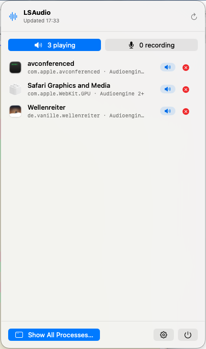 LSAudio for macOS menu-bar panel showing three processes currently playing audio and quick termination controls