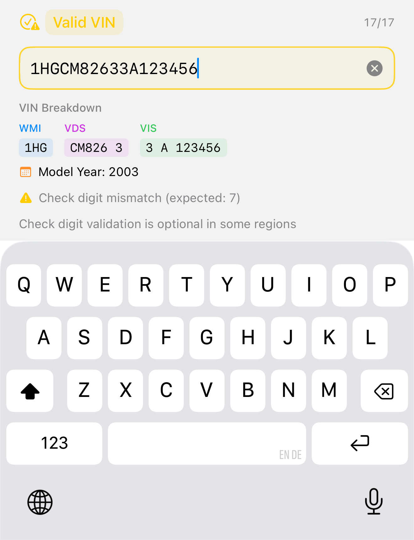 A VIN text field showing a valid VIN with a green status and a WMI/VDS/VIS breakdown