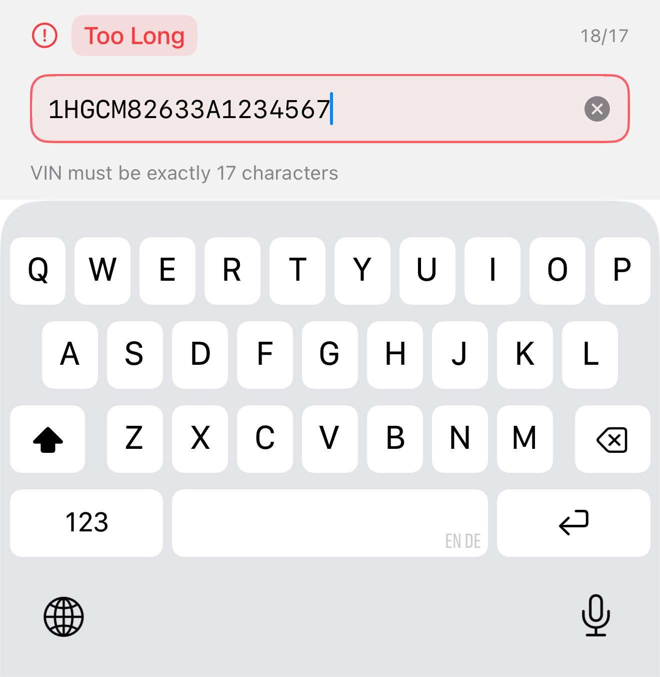The VIN text field in an error state for an over-length VIN
