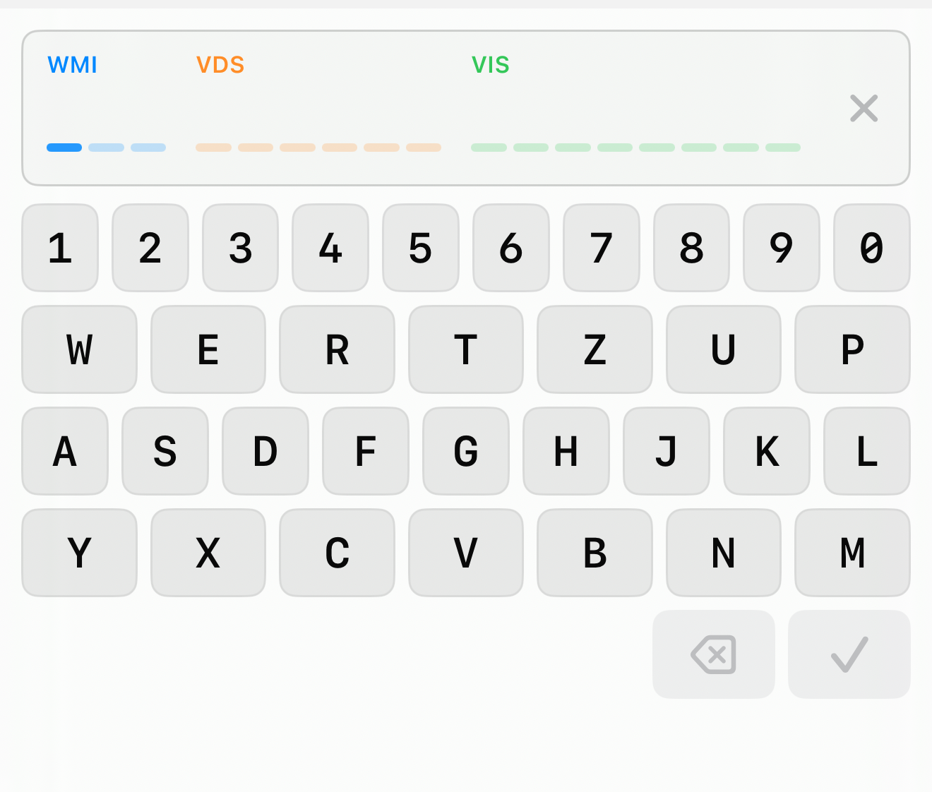 A custom VIN keyboard with an empty 17-slot display
