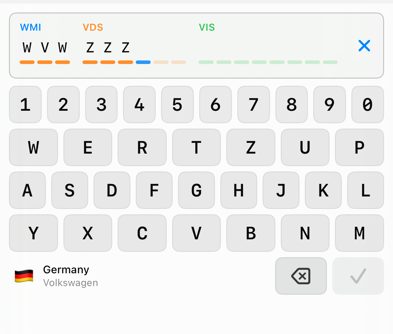 The VIN keyboard partway through entry, with characters sitting on their slots