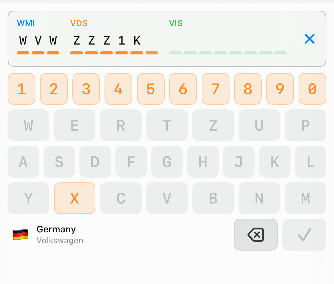 The VIN keyboard at the check-digit position with only digits and X enabled