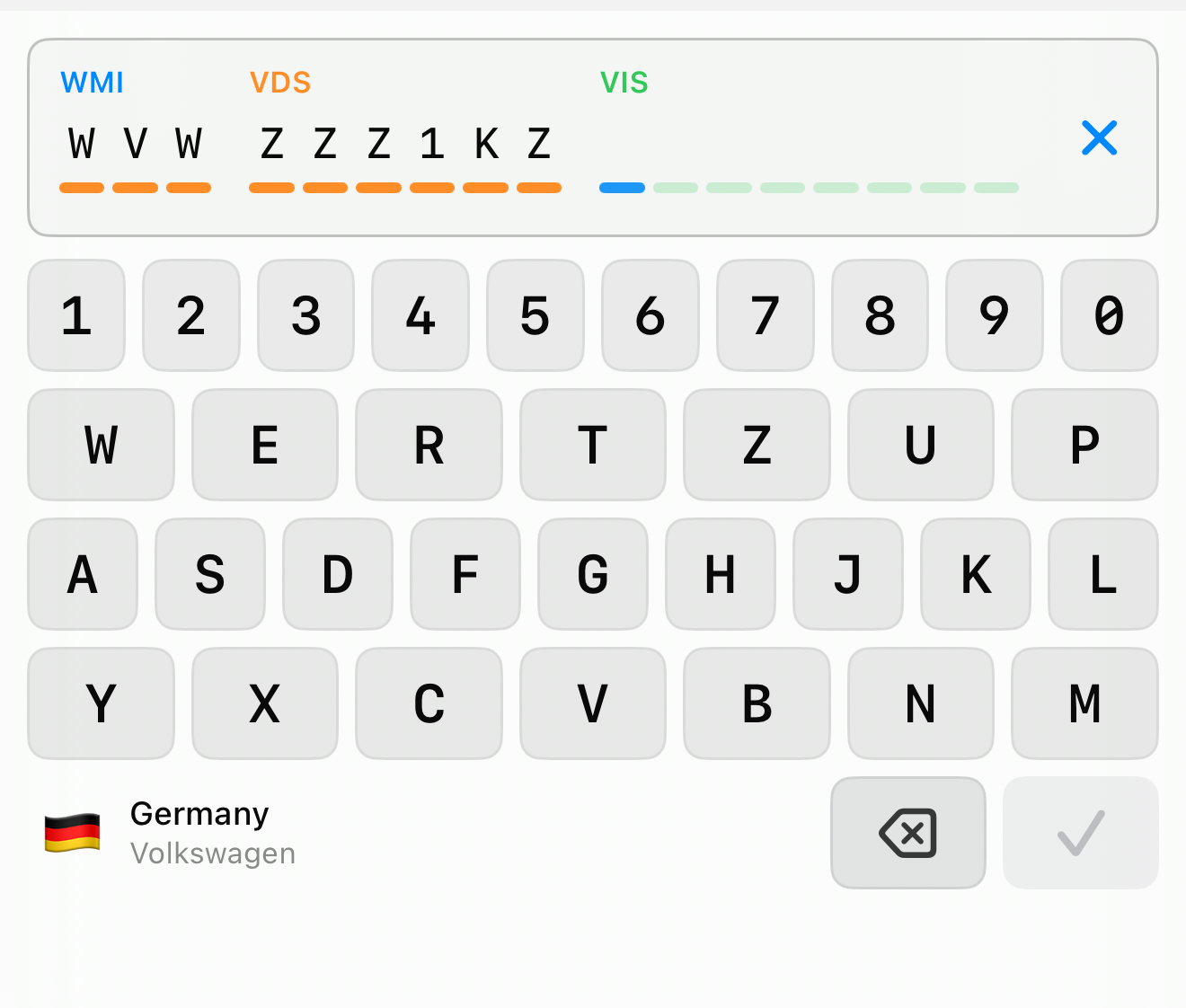 The VIN keyboard showing a German flag, the country Germany, and the manufacturer Volkswagen