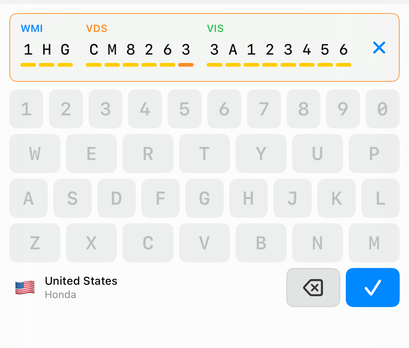 A complete, valid VIN on the custom keyboard with the submit key enabled
