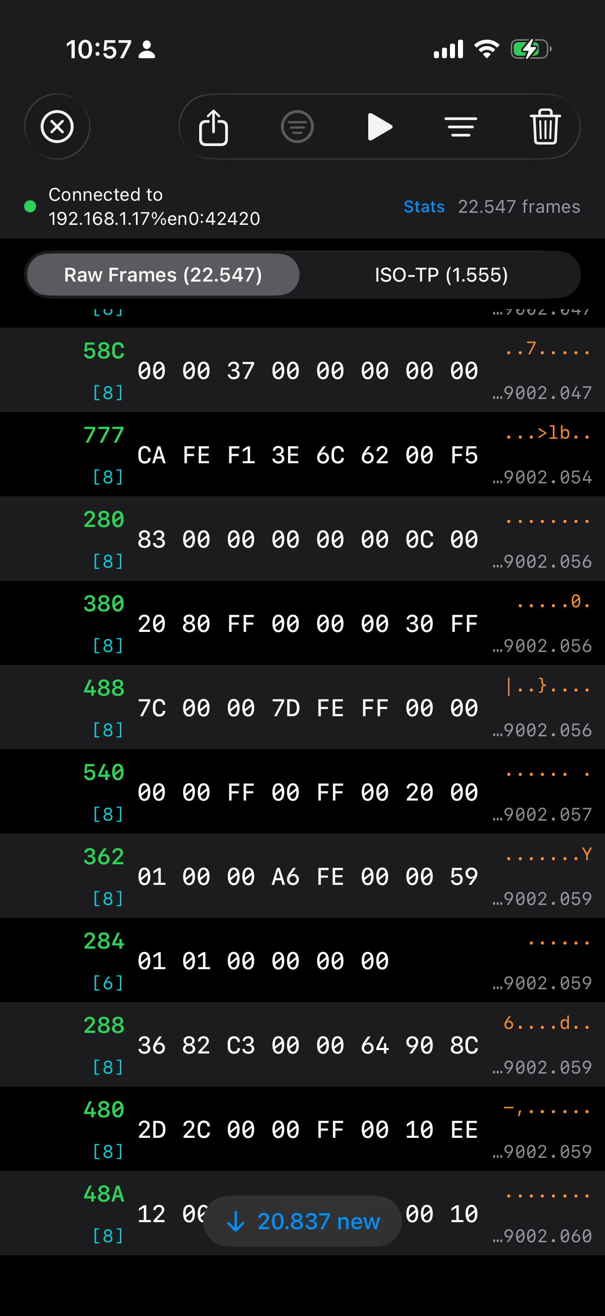 CANcorder iOS — Raw Frames view