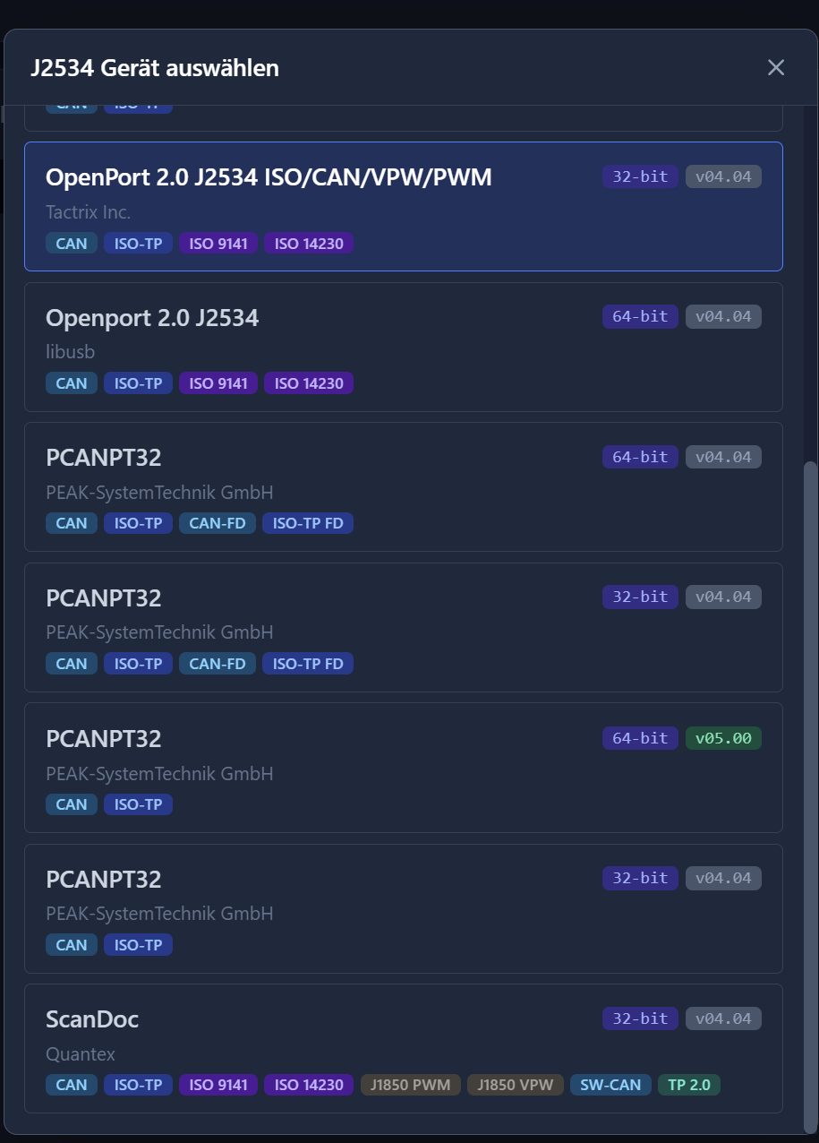 J2534 device selection