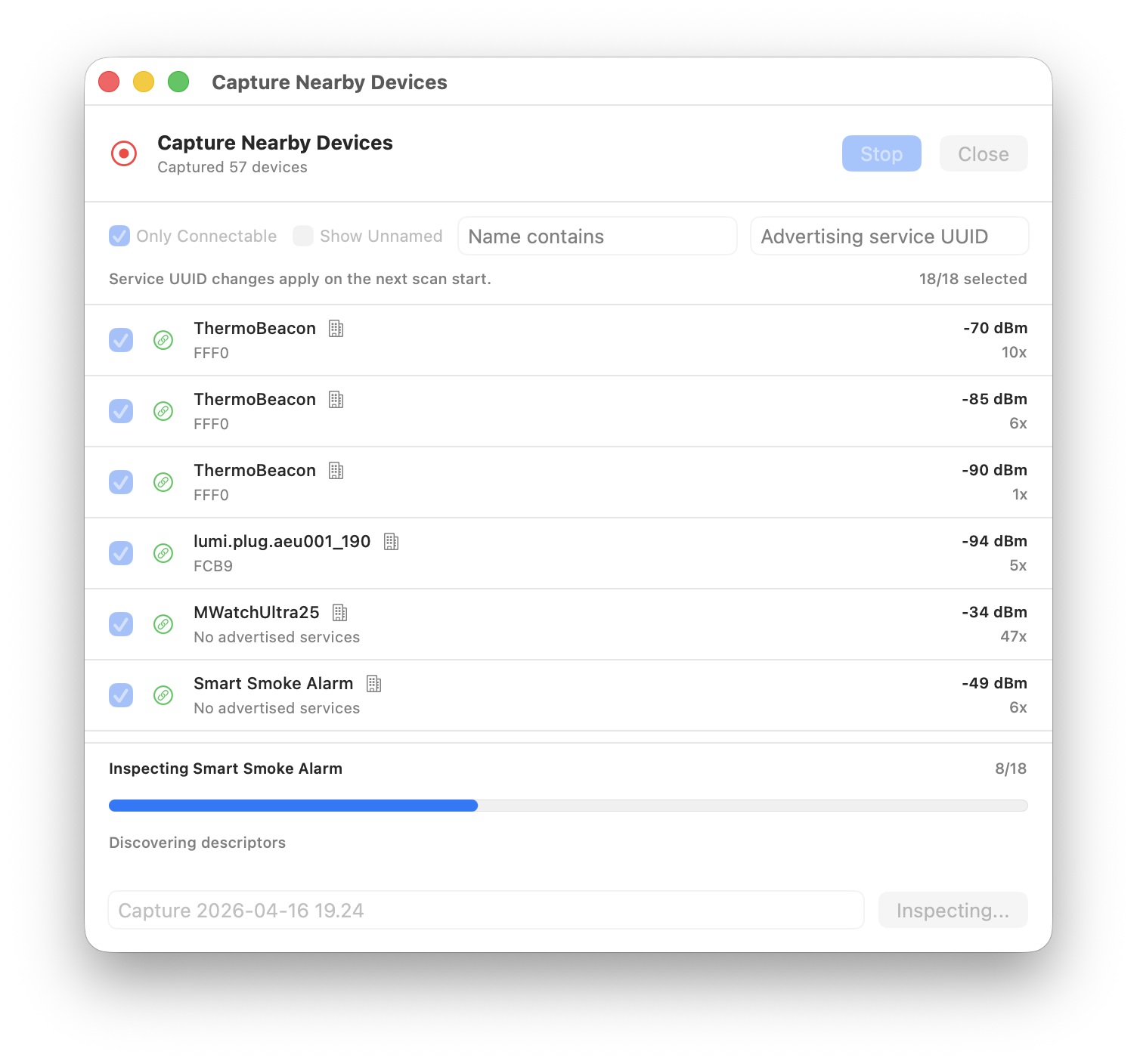 ImpossiBLE Mock capture view, scanning for nearby BLE devices