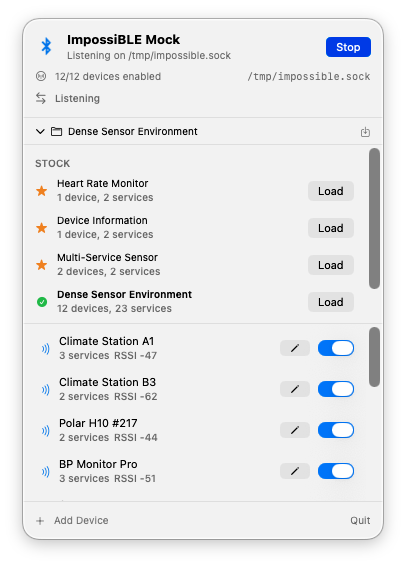 ImpossiBLE Mock menu bar app showing the dense sensor environment