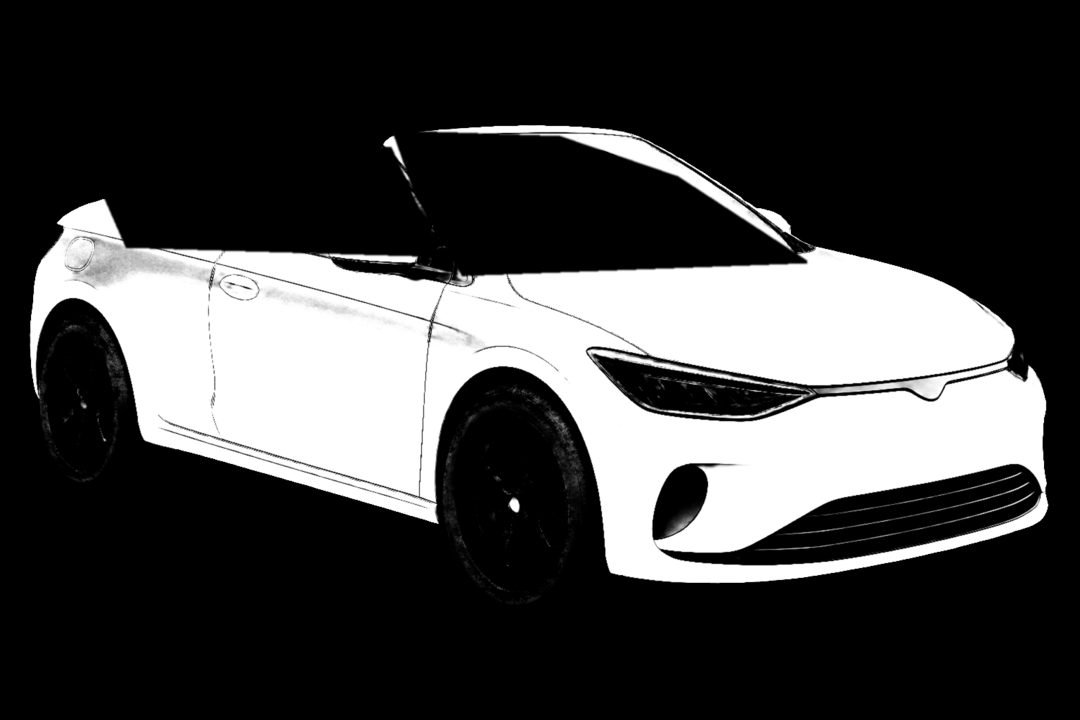 The matching grayscale paint mask: body panels are white; windows, seats, wheels and the background remain black.