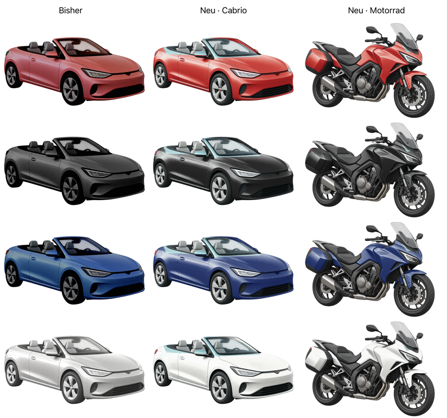 Actual SwiftUI renders in red, black, navy and white. The old global tint is on the left; the new selective Metal paint shader on a convertible and motorcycle is in the middle and on the right.