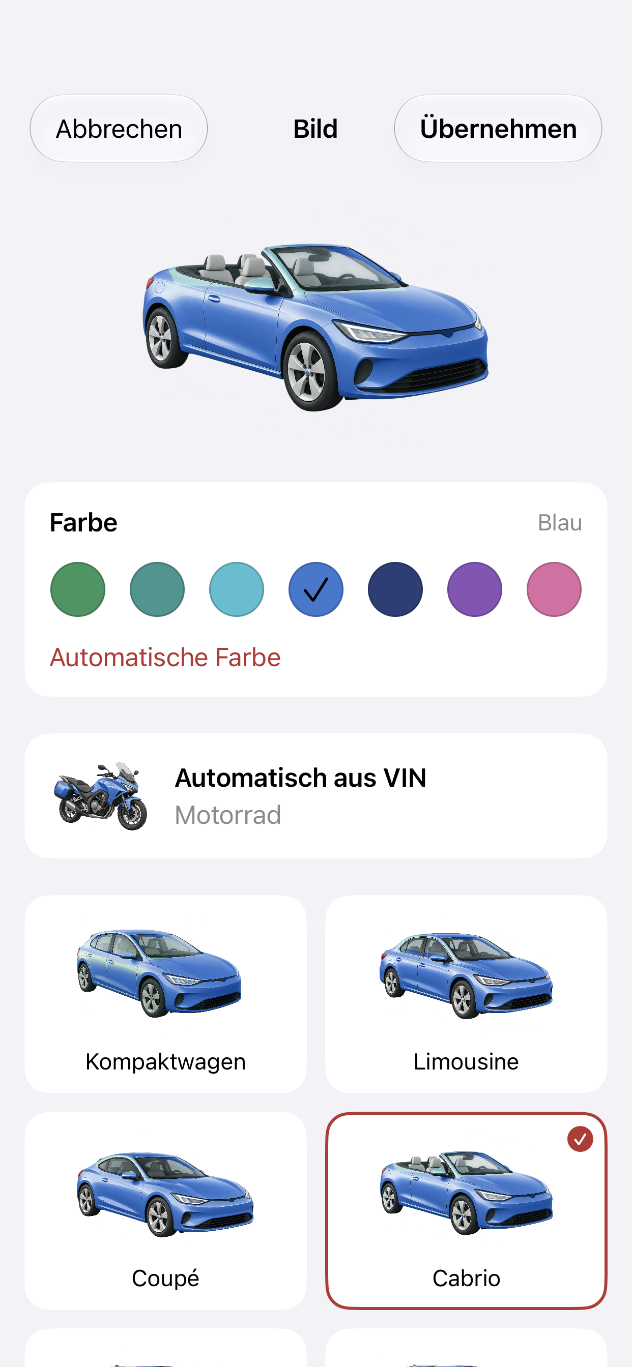 Vehicle, M.D.'s stock image picker showing a blue convertible, a horizontal colour palette, the automatic motorcycle choice from VIN data, and alternative vehicle shapes. The UI is in German.