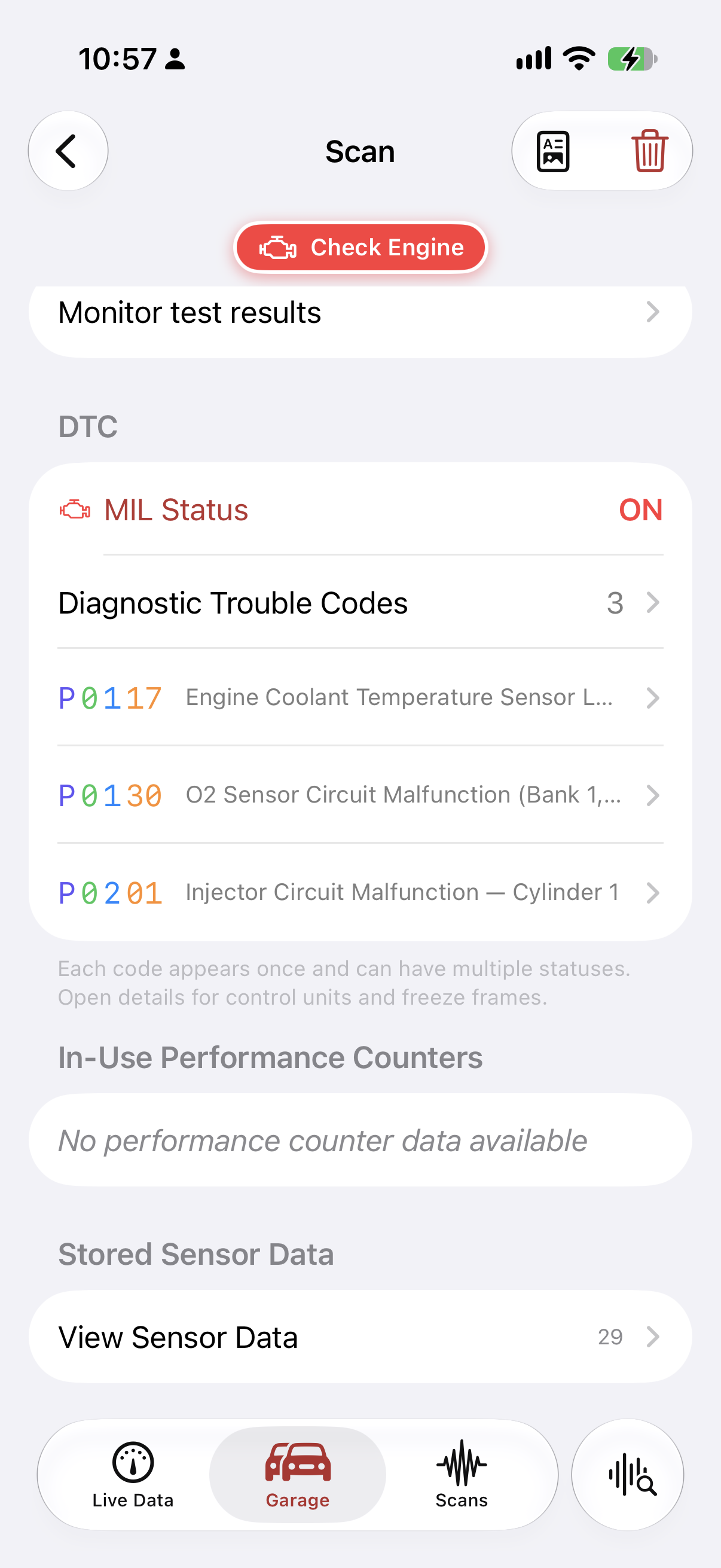 A real iPhone screenshot of the Vehicle, M.D. development build, showing diagnostic trouble codes and stored sensor data from the BMS-X motorcycle simulation.
