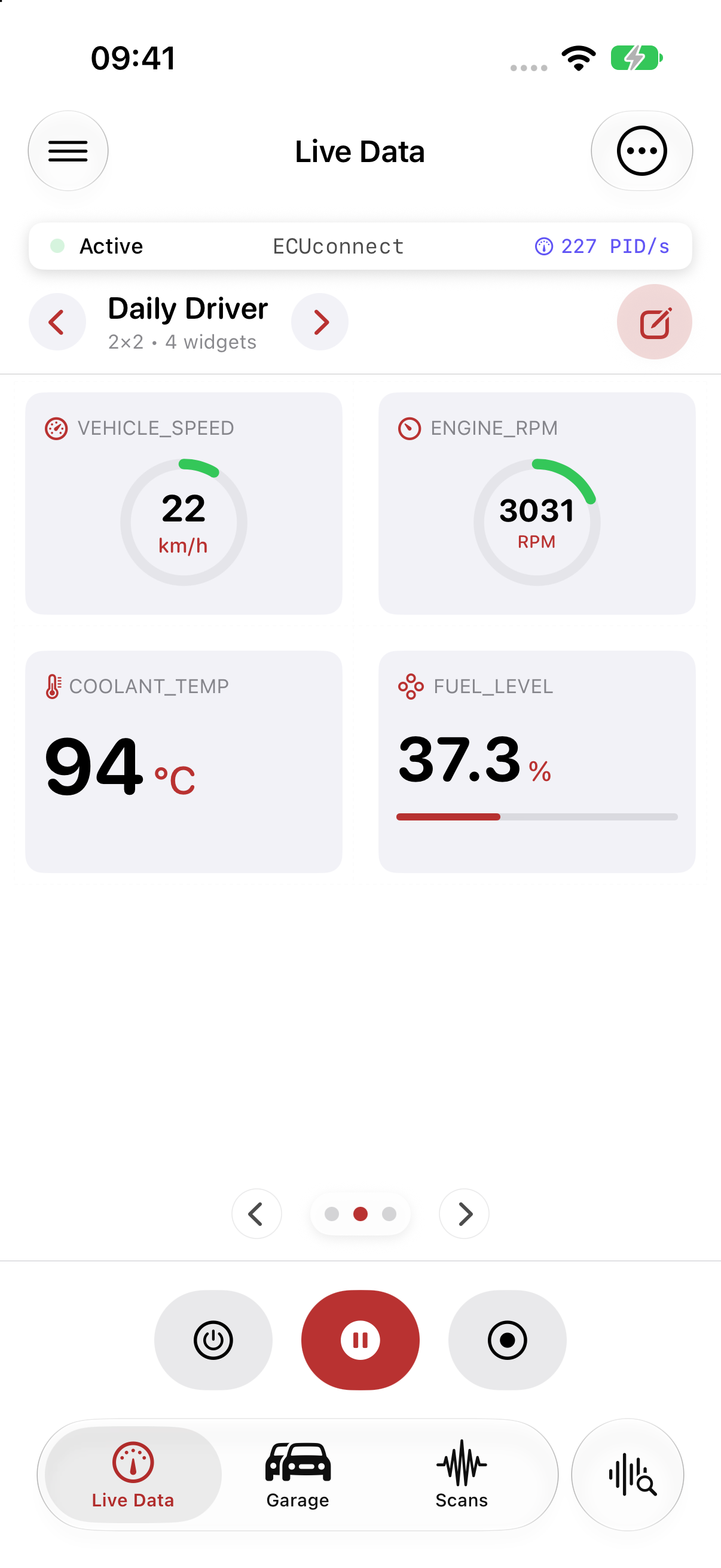 A live dashboard with speed and engine gauges, coolant temperature and fuel level from a simulated vehicle