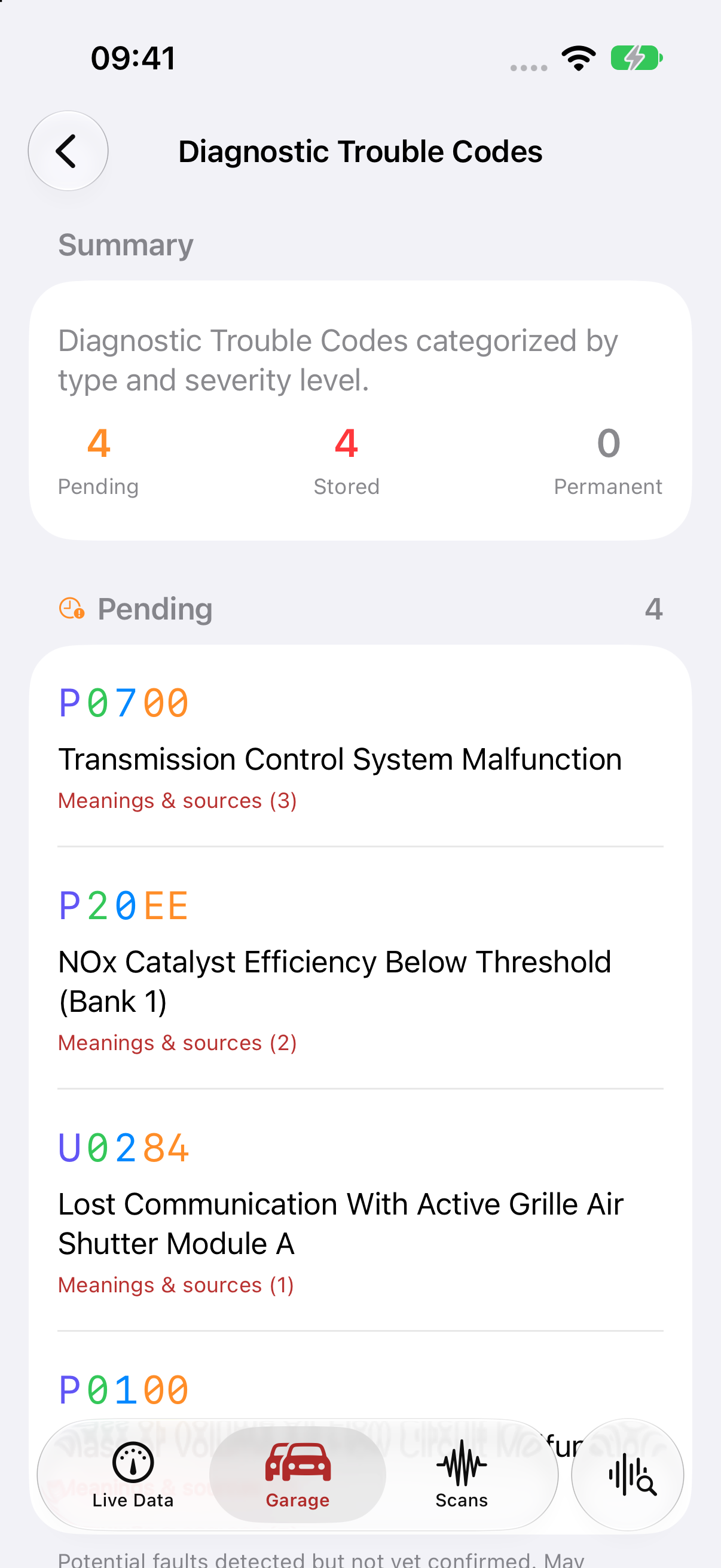 Stored and pending diagnostic trouble codes with explanations in a Vehicle, M.D. scan