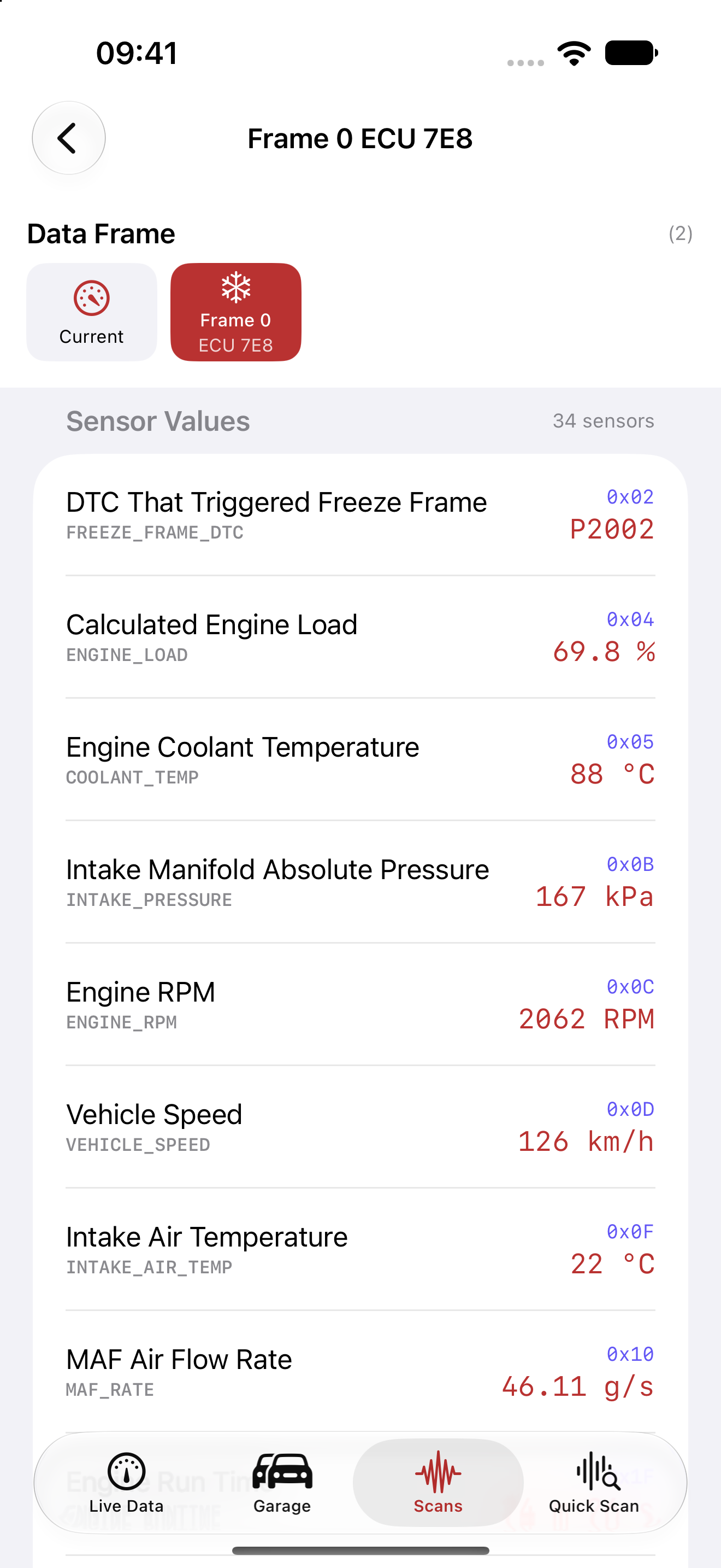 Sensor readings captured in a diagnostic freeze frame