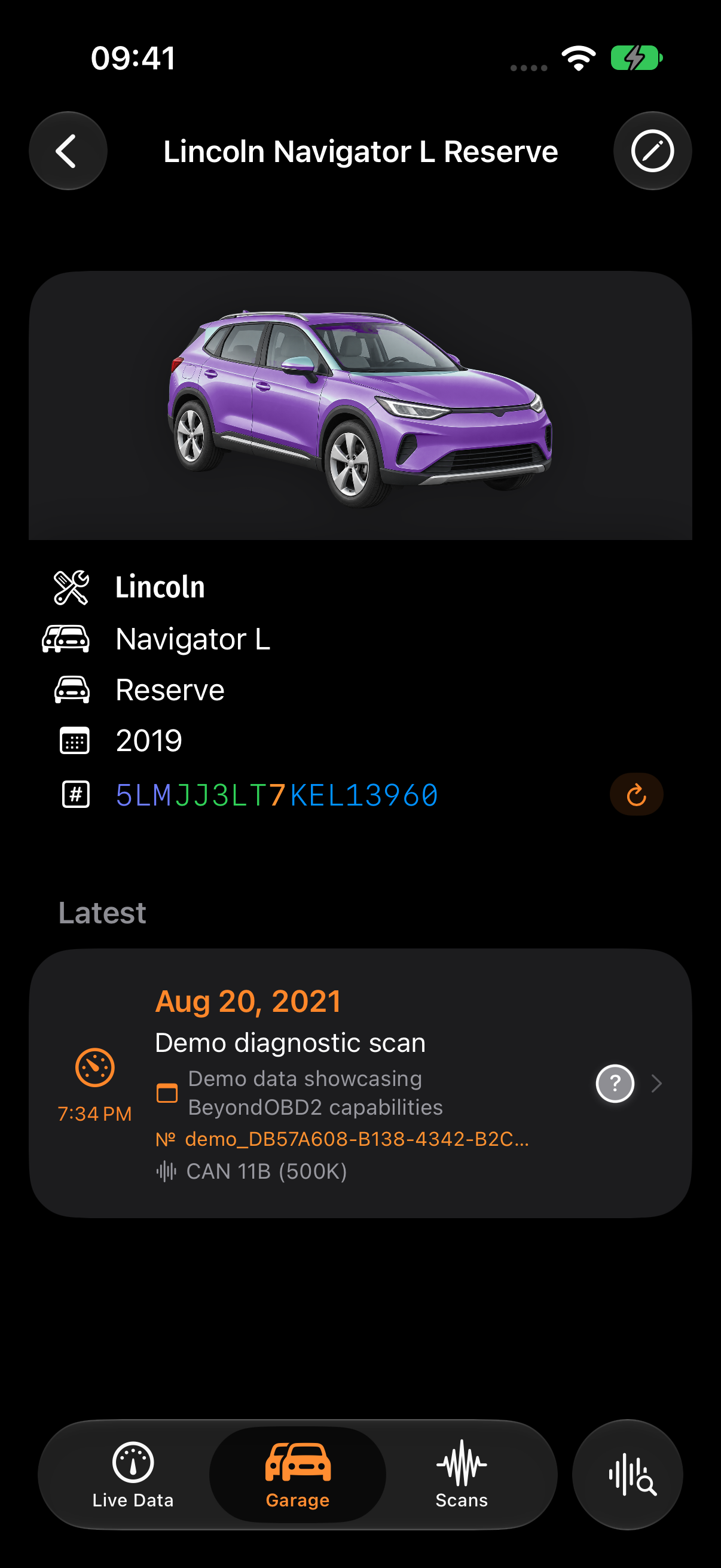 A vehicle in the Vehicle, M.D. garage with a tinted stock illustration and its saved history