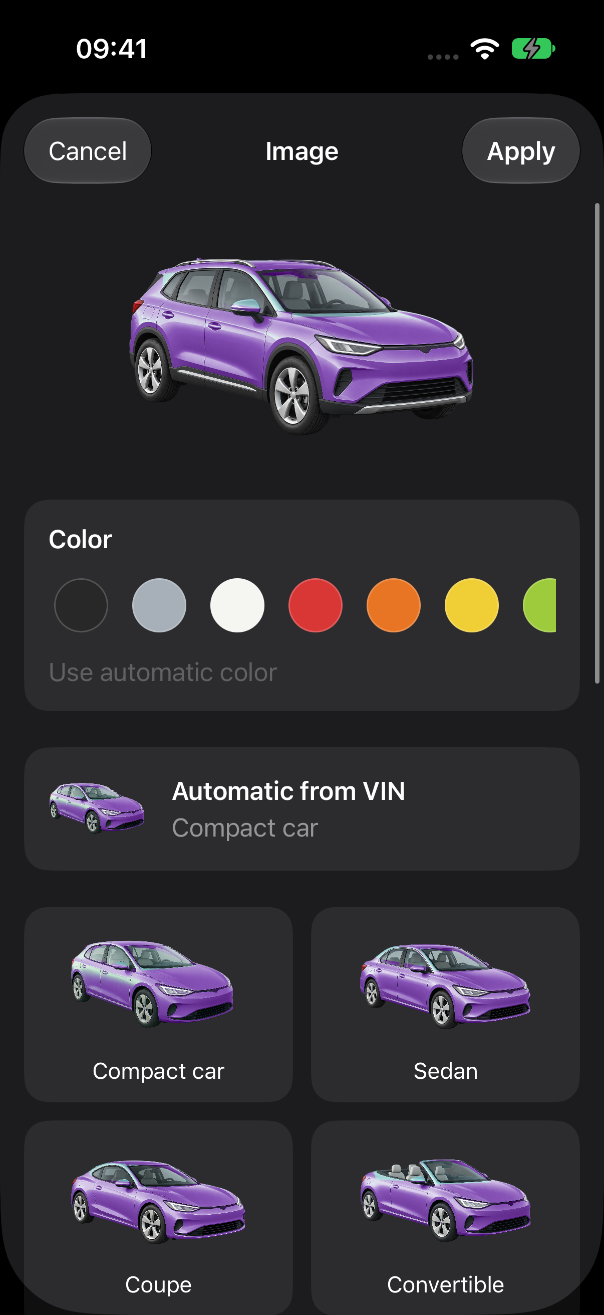 The Vehicle, M.D. stock image picker with vehicle illustrations and selectable paint colours
